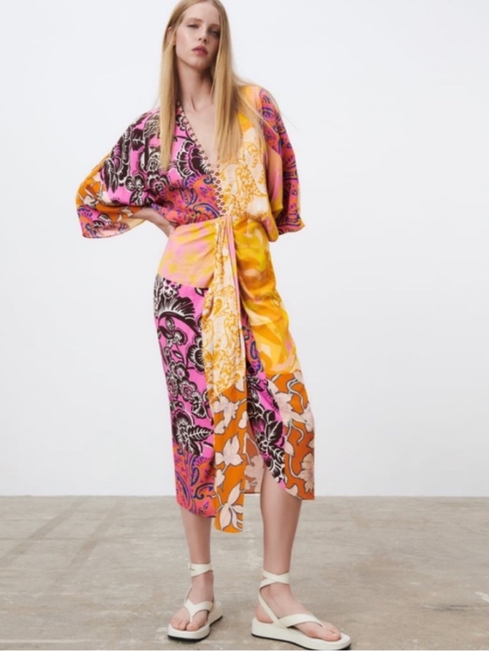 Zara Multicolor Floral Wrap Midi Dress - Pink & Orange